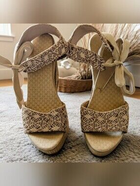 Lace Platform Wedge Espadrilles with Ribbon Ankle Tie Sandals - Beige. Size 40